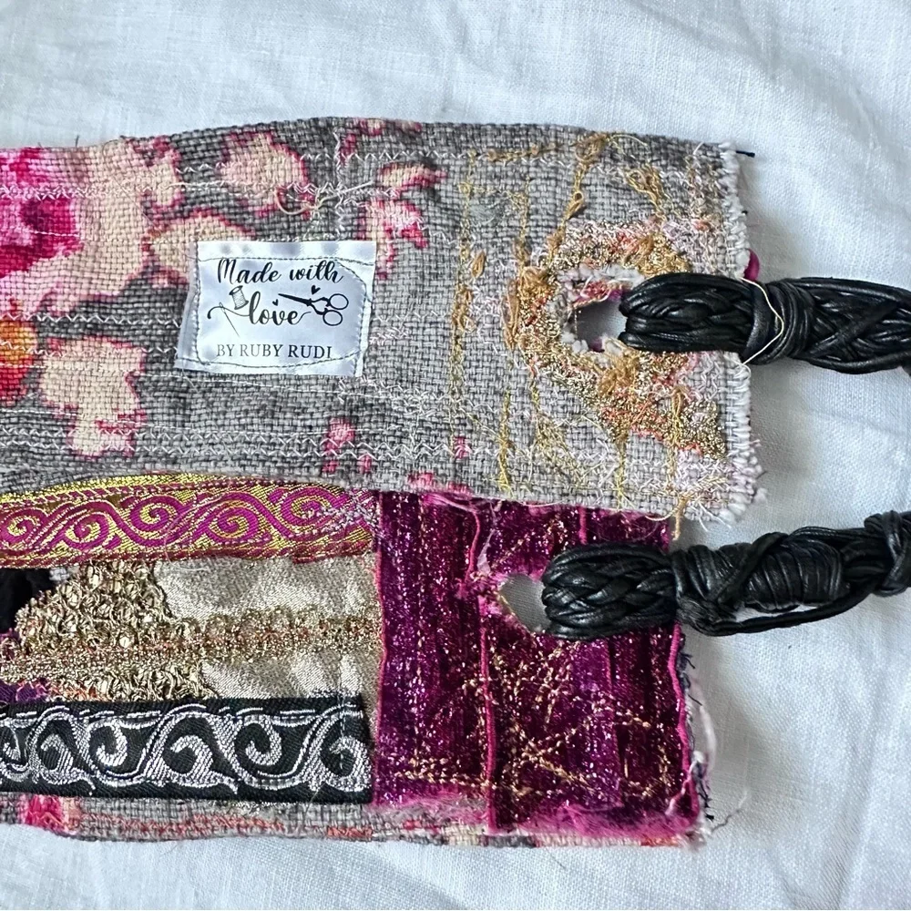Artisan Floral Tapestry Tie Belt Pink and Black & Gold Accents Handmade Signed